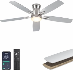 Ohniyou Ceiling Fans with Lights, 52'' Low Profile Ceiling Fan with Light and Remote/APP Control, Modern Flush Mount Ceiling Fan for Indoor Bedroom Living Room, Dimmable, Qiuet DC Motor, Silver App-controlled remote fan for convenience