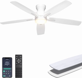 Ohniyou Ceiling Fans with Lights, 52'' Low Profile Ceiling Fan with Light and Remote/APP Control, Modern Flush Mount Ceiling Fan for Indoor Bedroom Living Room, Dimmable, Qiuet DC Motor, White App-controlled remote fan for convenience