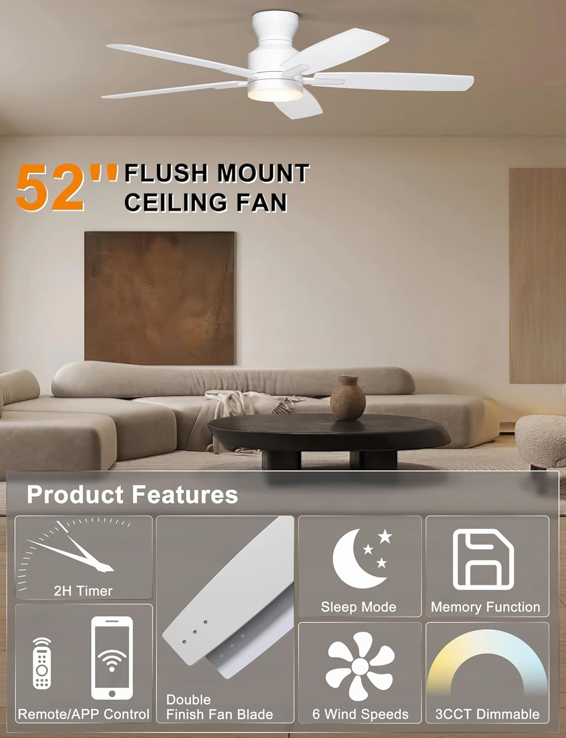 Ohniyou Ceiling Fans with Lights, 52'' Low Profile Ceiling Fan with Light and Remote/APP Control, Modern Flush Mount Ceiling Fan for Indoor Bedroom Living Room, Dimmable, Qiuet DC Motor, White
