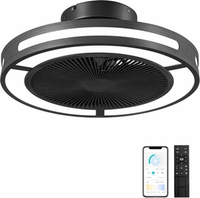 Ohniyou Enclosed Ceiling Fan with Lights,19" Bladeless Ceiling Fan with Lights and Remote,Low Profile Ceiling Fan with Dimmable Led Night Light, Flush Mount Ceiling Fan for Bedroom,Living Room Small bladeless fan for quiet cooling