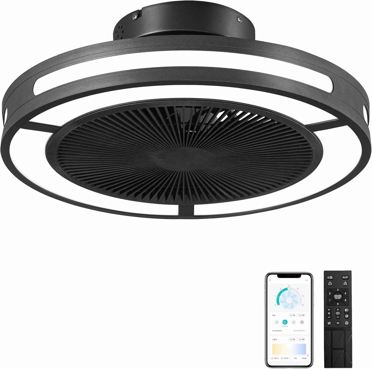 Ohniyou Enclosed Ceiling Fan with Lights,19" Bladeless Ceiling Fan with Lights and Remote,Low Profile Ceiling Fan with Dimmable Led Night Light, Flush Mount Ceiling Fan for Bedroom,Living Room Small bladeless fan for quiet cooling