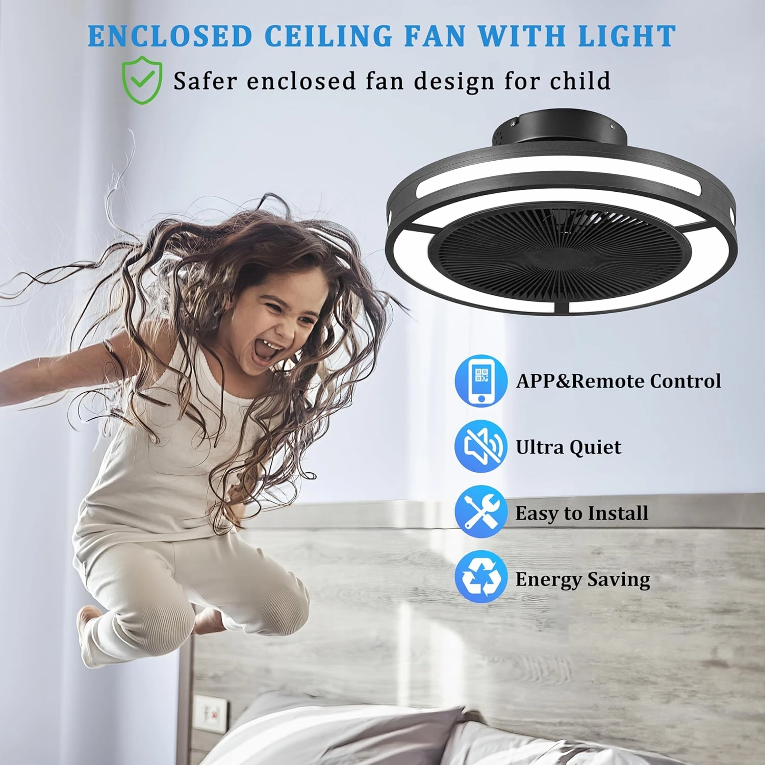 Ohniyou Enclosed Ceiling Fan with Lights,19" Bladeless Ceiling Fan with Lights and Remote,Low Profile Ceiling Fan with Dimmable Led Night Light, Flush Mount Ceiling Fan for Bedroom,Living Room
