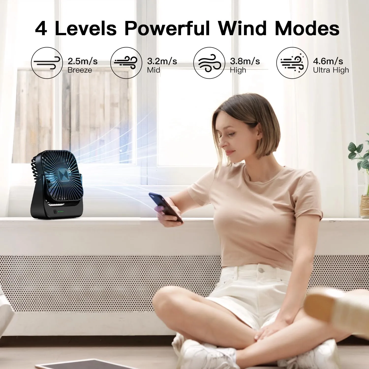 OLV Desk Fan 4 Speeds Stronger Cooling Airflow Portable Small Fan Rechargeable Ultra Quiet Personal Mini Fan for Office,Bedroom,Home Kitchen Outdoor Activities Adjustable 360 Tilt Head Black