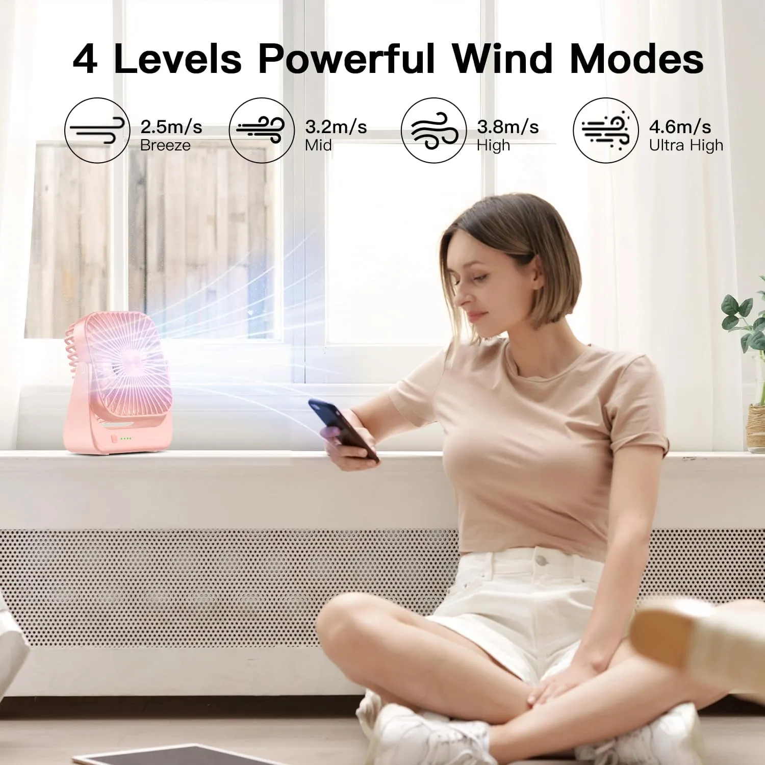 OLV Desk Fan 4 Speeds Stronger Cooling Airflow Portable Small Fan Rechargeable Ultra Quiet Personal Mini Fan for Office,Bedroom,Home Kitchen Outdoor Activities Adjustable 360 Tilt Head Pink