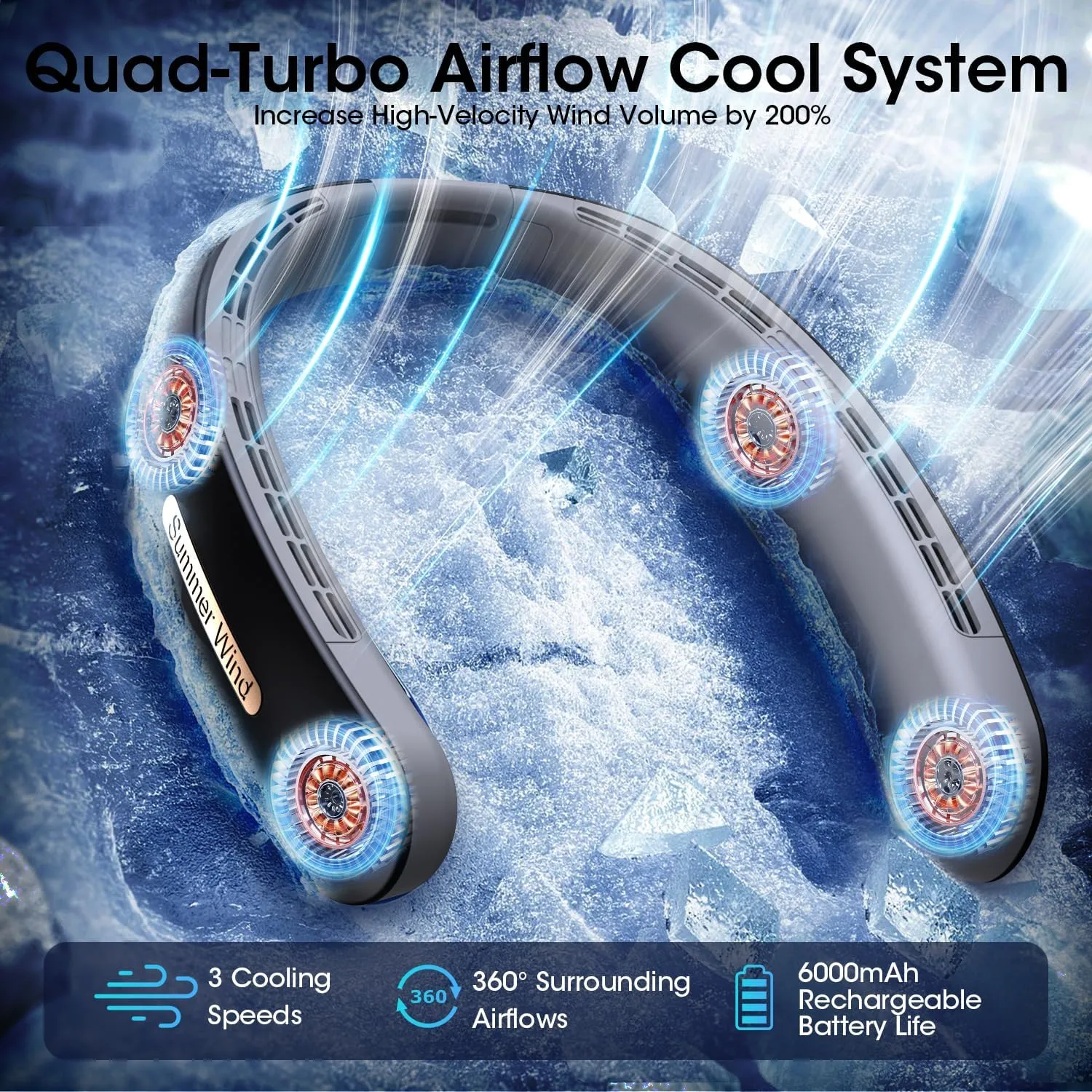 OLV Neck Fan 4 Turbo 6000mAh Portable 360 Cooling Airflow Bladeless USB Rechargeable Neck Fan with 3 Speeds Adjustment for Outdoor Travel Indoor - Black