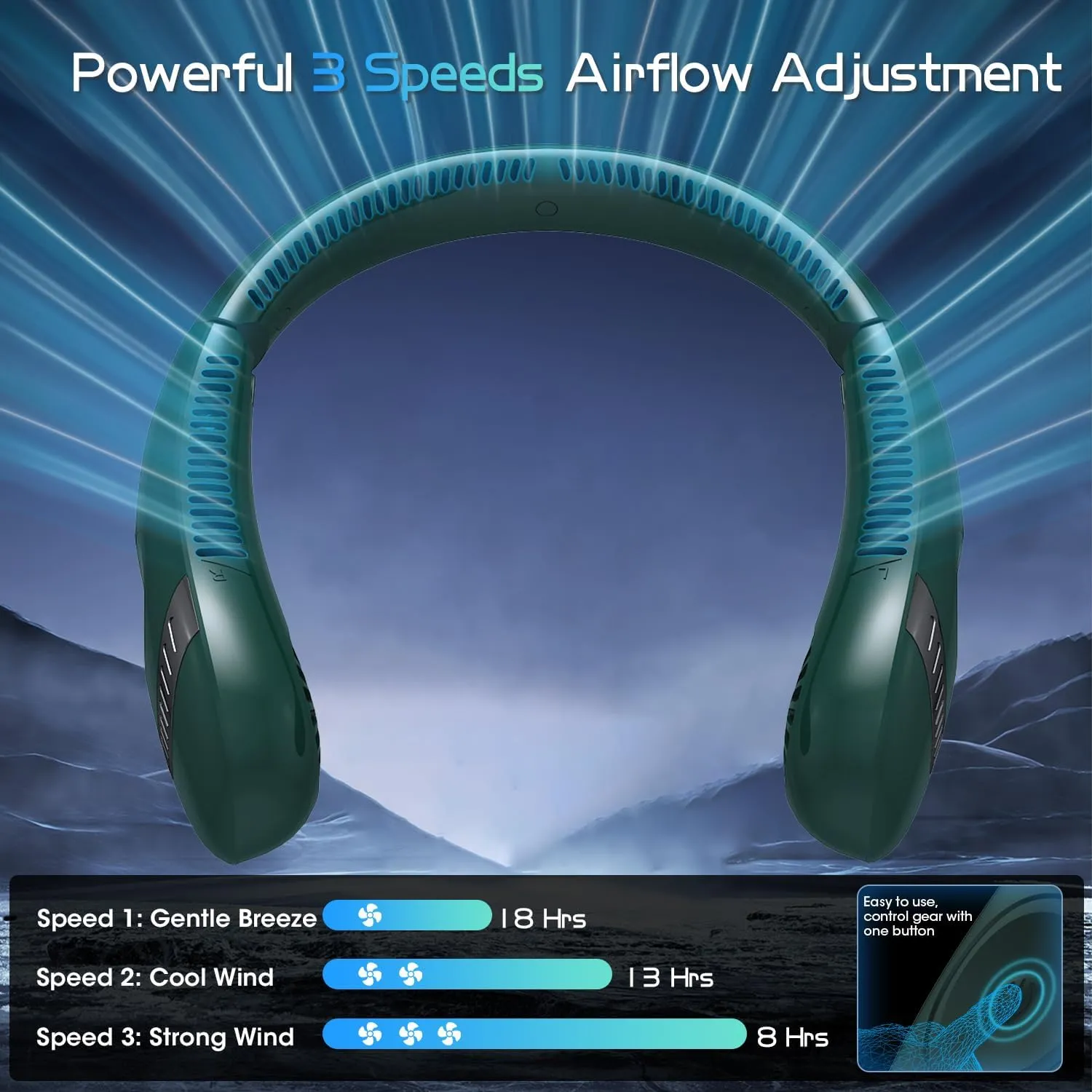 OLV Neck Fan 5000mAh Rechargeable Battery Portable Fan 360 Bladeless Cooling 3 Speeds Powerful Airflow Personal Foldable Neck Fan Gifts for Men Women Home Office,Travel,Sports,Golf,Camping Green