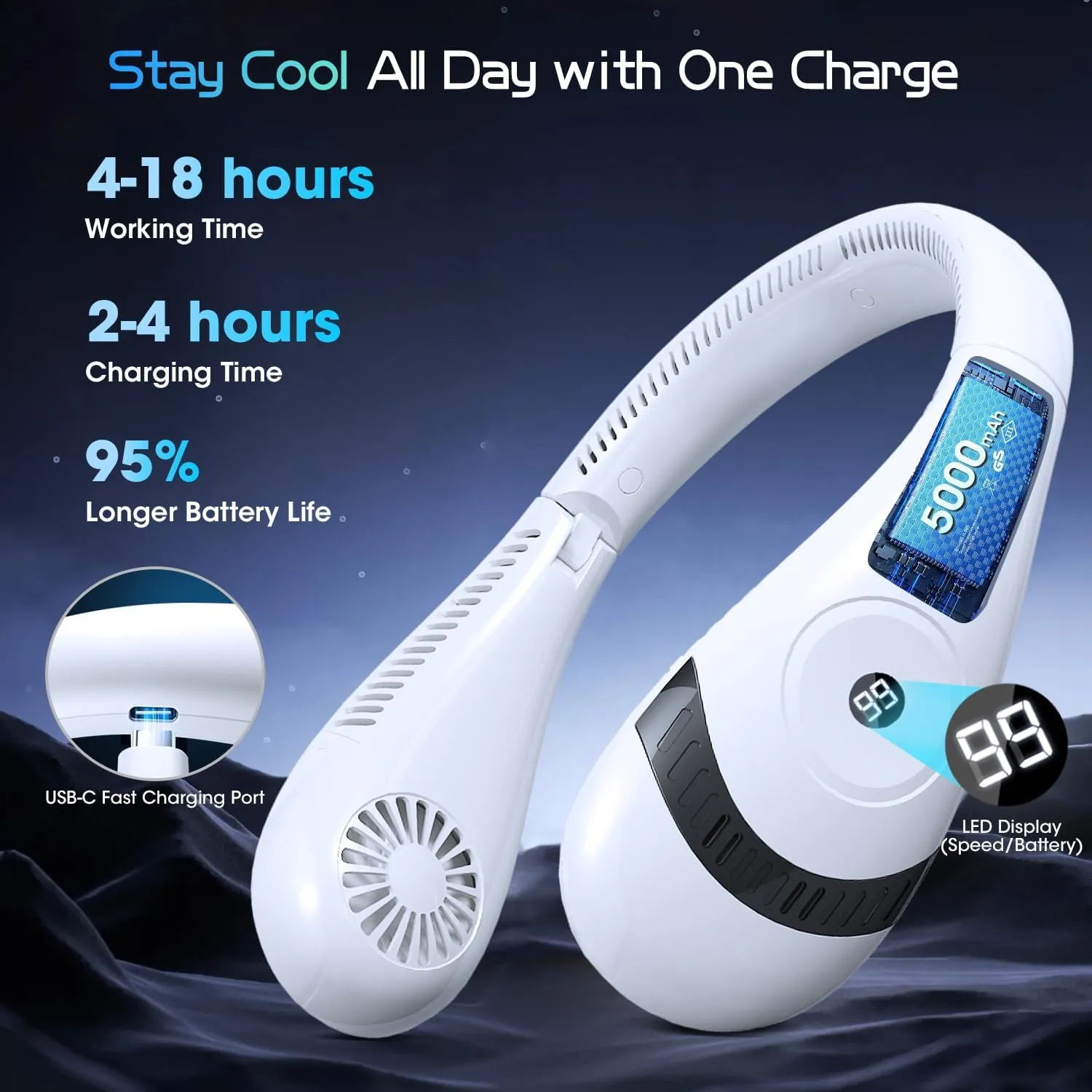 OLV Neck Fan 5000mAh Rechargeable Battery Portable Fan 360 Bladeless Cooling 3 Speeds Powerful Airflow Personal Foldable Neck Fan Gifts for Men Women Home Office,Travel,Sports,Golf,Camping White