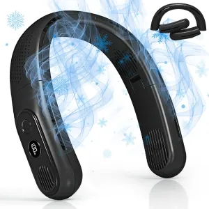 OLV Rechargeable 4 Turbo 6000mAh Portable Neck Fan - 360 Cooling Airflow, 3 Speeds, LED Battery Display, Foldable, Bladeless - Personal Fan for Work, Travel, Outdoor Activities - Black Neck fan for hands-free comfort