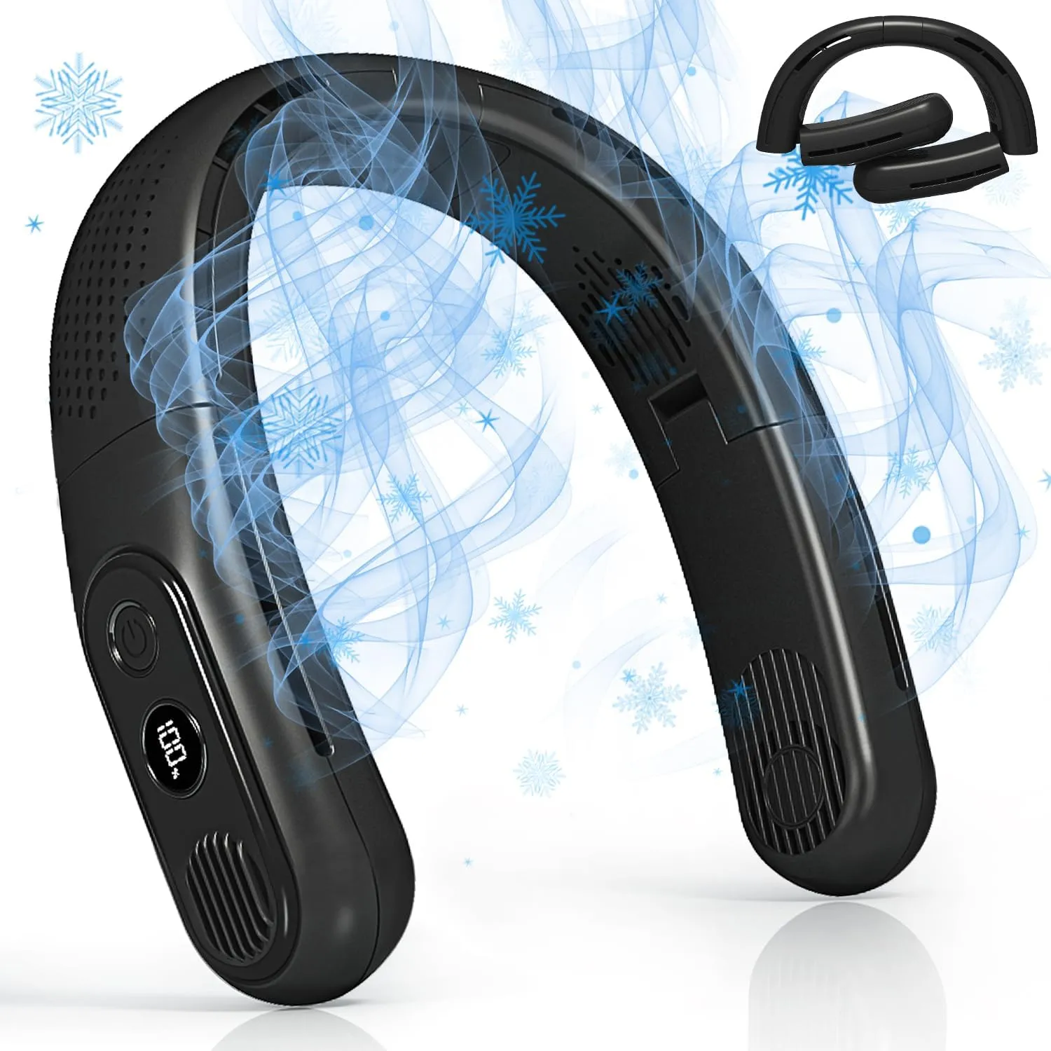 OLV Rechargeable 4 Turbo 6000mAh Portable Neck Fan - 360 Cooling Airflow, 3 Speeds, LED Battery Display, Foldable, Bladeless - Personal Fan for Work, Travel, Outdoor Activities - Black Neck fan for hands-free comfort