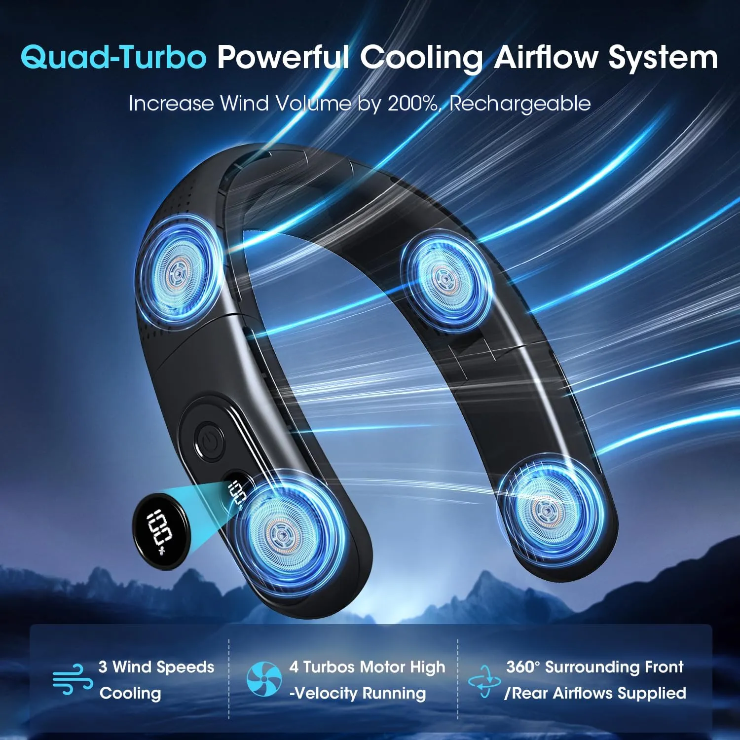 OLV Rechargeable 4 Turbo 6000mAh Portable Neck Fan - 360 Cooling Airflow, 3 Speeds, LED Battery Display, Foldable, Bladeless - Personal Fan for Work, Travel, Outdoor Activities - Black