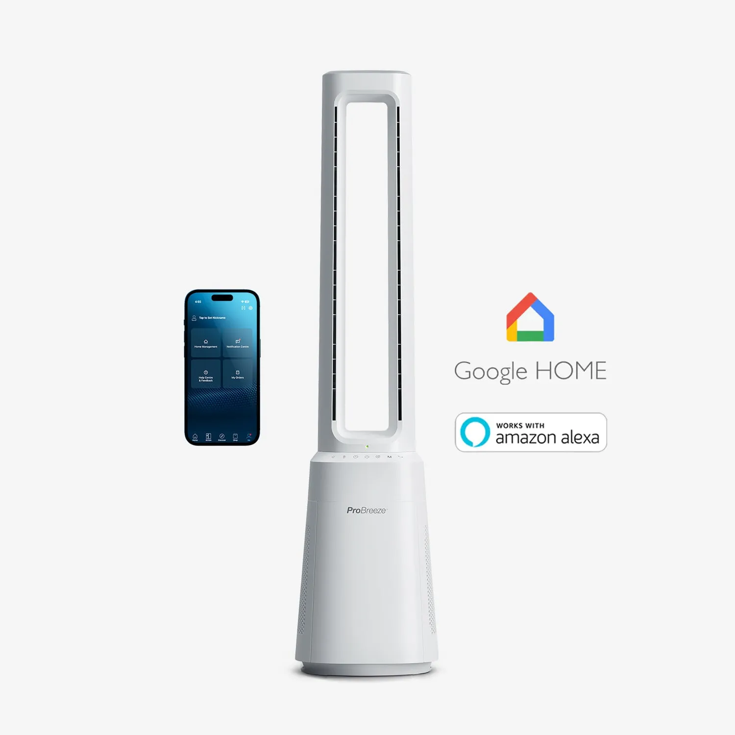OmniAir 41" Premium Bladeless Tower Fan and Air Purifier with Smart App Control - White bladeless electric fans for modern home