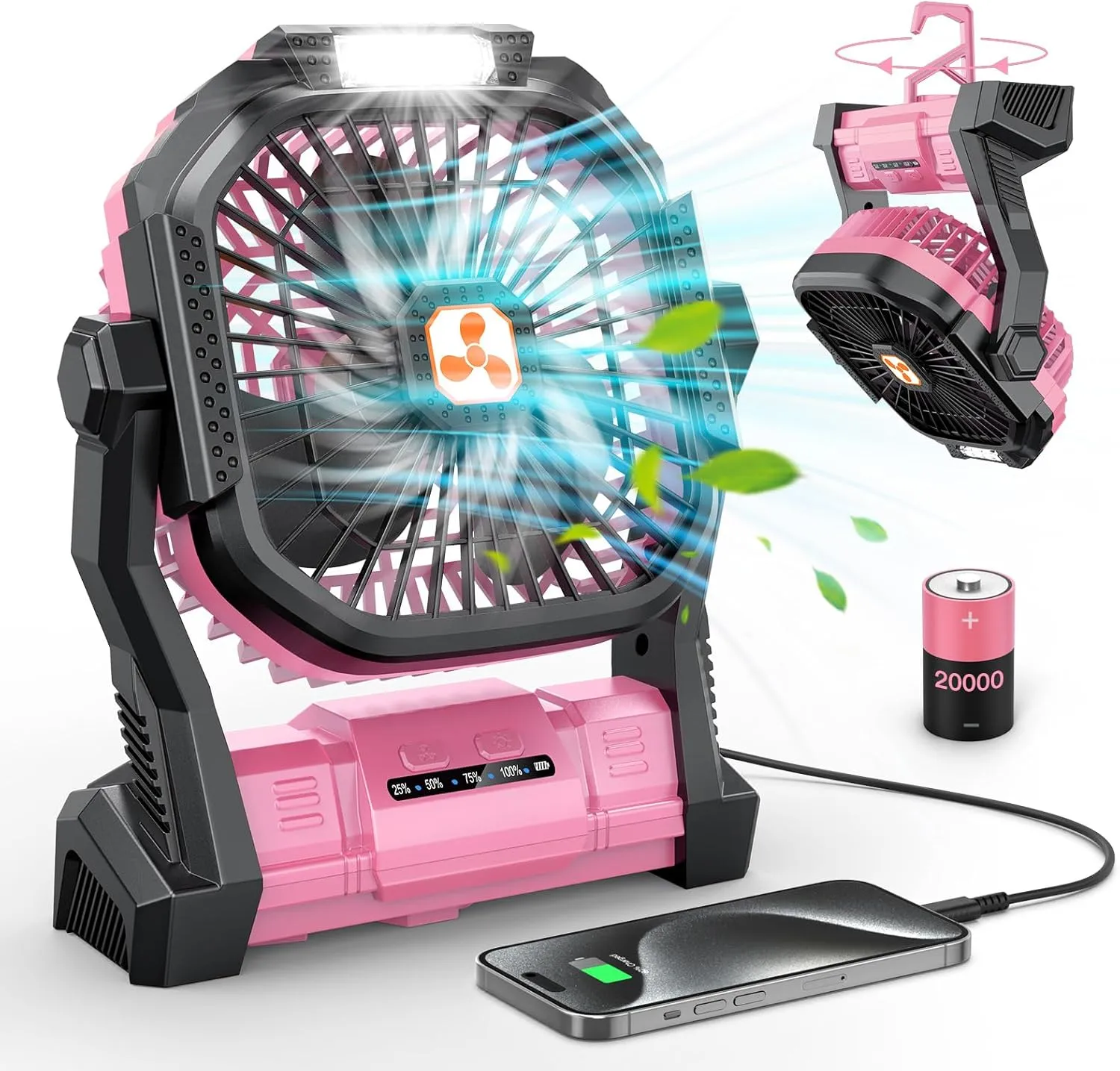 ONLYNEW Portable Fan Rechargeable, 20000mAh Cordless Battery Powered Table Fan with LED Lantern, USB C Battery Operated for Travel Home Camping Tent Office Beach Desk Fishing Pink USB desktop fan for workspace