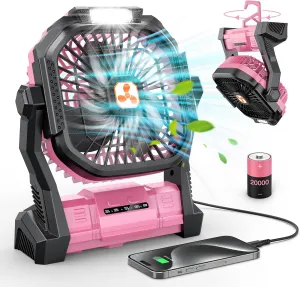 ONLYNEW Portable Fan Rechargeable, 20000mAh Cordless Battery Powered Table Fan with LED Lantern, USB C Battery Operated for Travel Home Camping Tent Office Beach Desk Fishing Pink USB desktop fan for workspace