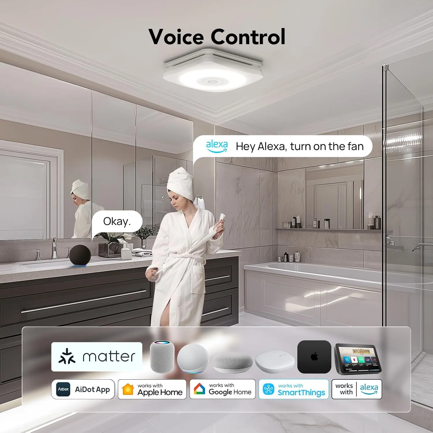 OREiN Matter Smart Bathroom Exhaust Fan with Light, 110/160 CFM 0.8/1.0 Sones Bathroom Fan with Bluetooth Speaker, Exhaust Fans with Humidity Sensor & Remote, APP Control, 1500lm 2700k-6500k Dimming