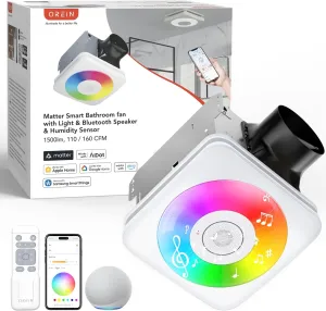 OREiN Matter Smart Bathroom Exhaust Fan with Light, 110/160 CFM 0.8/1.0 Sones Bathroom Fan with Bluetooth Speaker, Exhaust Fans with Humidity Sensor & Remote, APP Control, 1500lm 2700k-6500k Dimming App-controlled remote fan for convenience