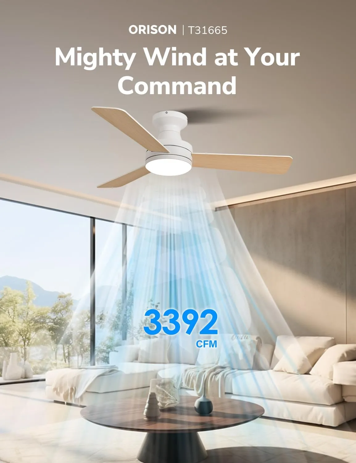 Orison 42-Inch Ceiling Fans with Lights, Low Profile, Flush Mount, Features RGB Backlight, Dimmable Lighting, 6 Speeds, 3 Reversible Blades, Remote and App Control, White