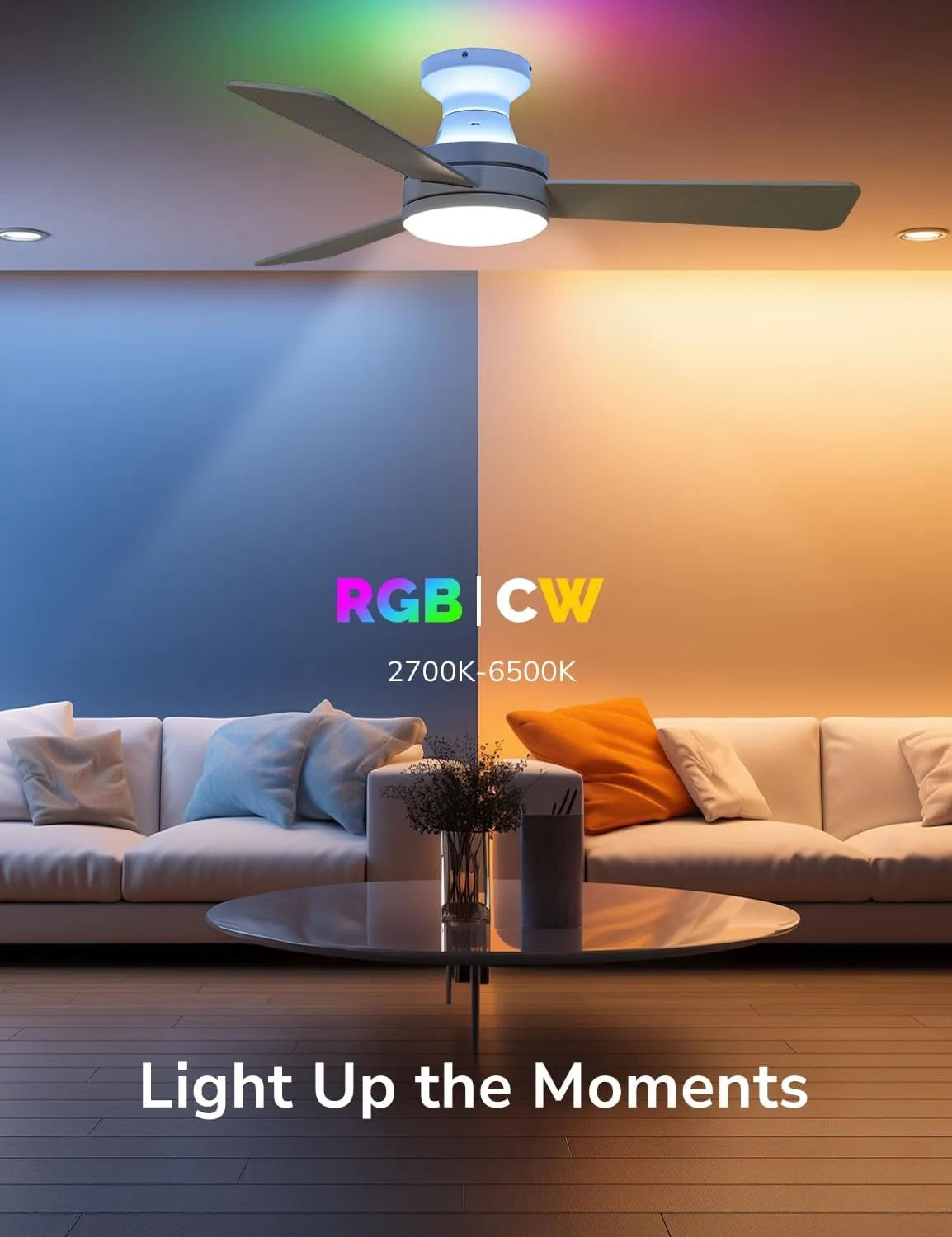 Orison 42-Inch Ceiling Fans with Lights, Low Profile, Flush Mount, Features RGB Backlight, Dimmable Lighting, 6 Speeds, 3 Reversible Blades, Remote and App Control, White