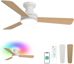 Orison 42-Inch Ceiling Fans with Lights, Low Profile, Flush Mount, Features RGB Backlight, Dimmable Lighting, 6 Speeds, 3 Reversible Blades, Remote and App Control, White App-controlled remote fan for convenience