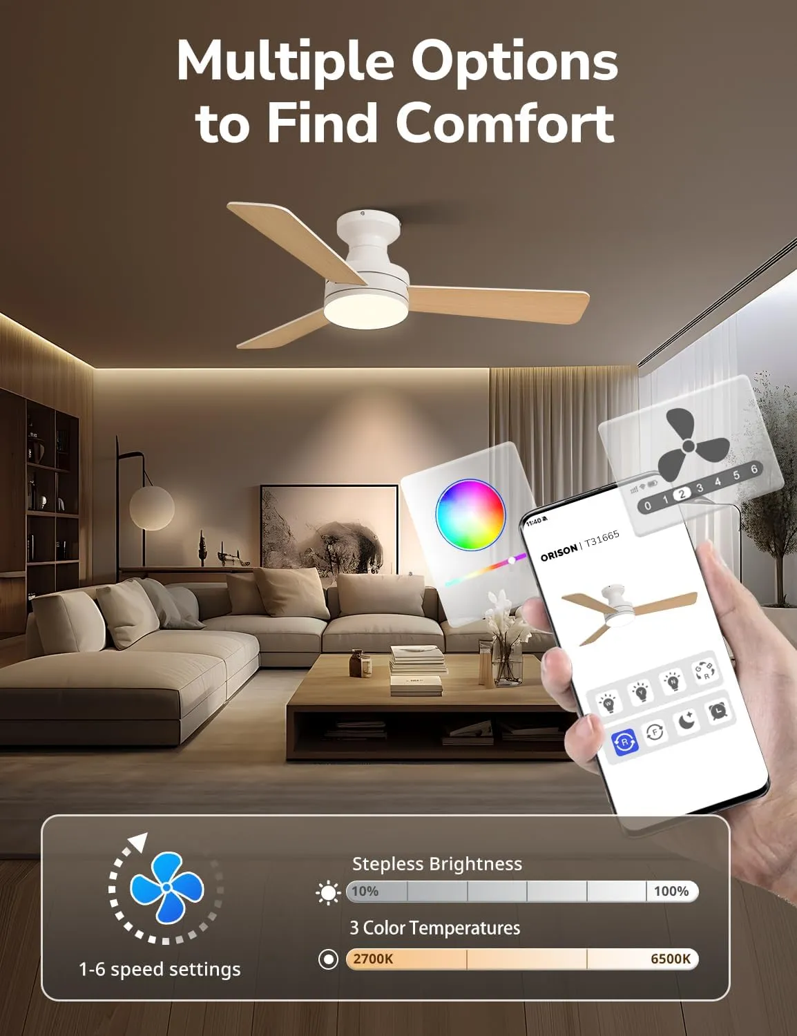 Orison 42-Inch Ceiling Fans with Lights, Low Profile, Flush Mount, Features RGB Backlight, Dimmable Lighting, 6 Speeds, 3 Reversible Blades, Remote and App Control, White