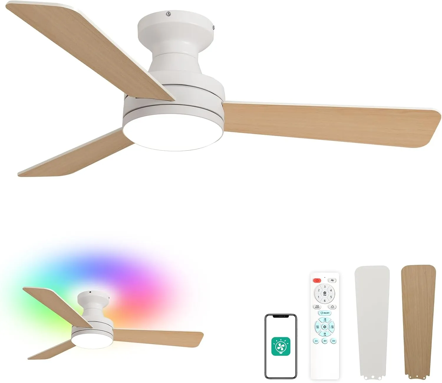 Orison 42-Inch Ceiling Fans with Lights, Low Profile, Flush Mount, Features RGB Backlight, Dimmable Lighting, 6 Speeds, 3 Reversible Blades, Remote and App Control, White App-controlled remote fan for convenience