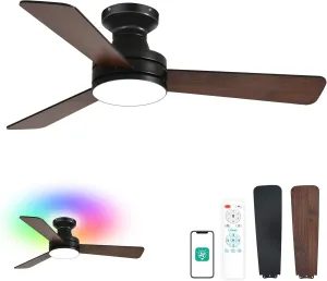 Orison Ceiling Fans with Lights 42 Inch, Low Profile Flush Mount Ceiling Fan, RGB Backlight & Dimmable Lighting, Remote & App Control, 6 Speeds, 3 Reversible Blades, Black/Wood App-controlled remote fan for convenience