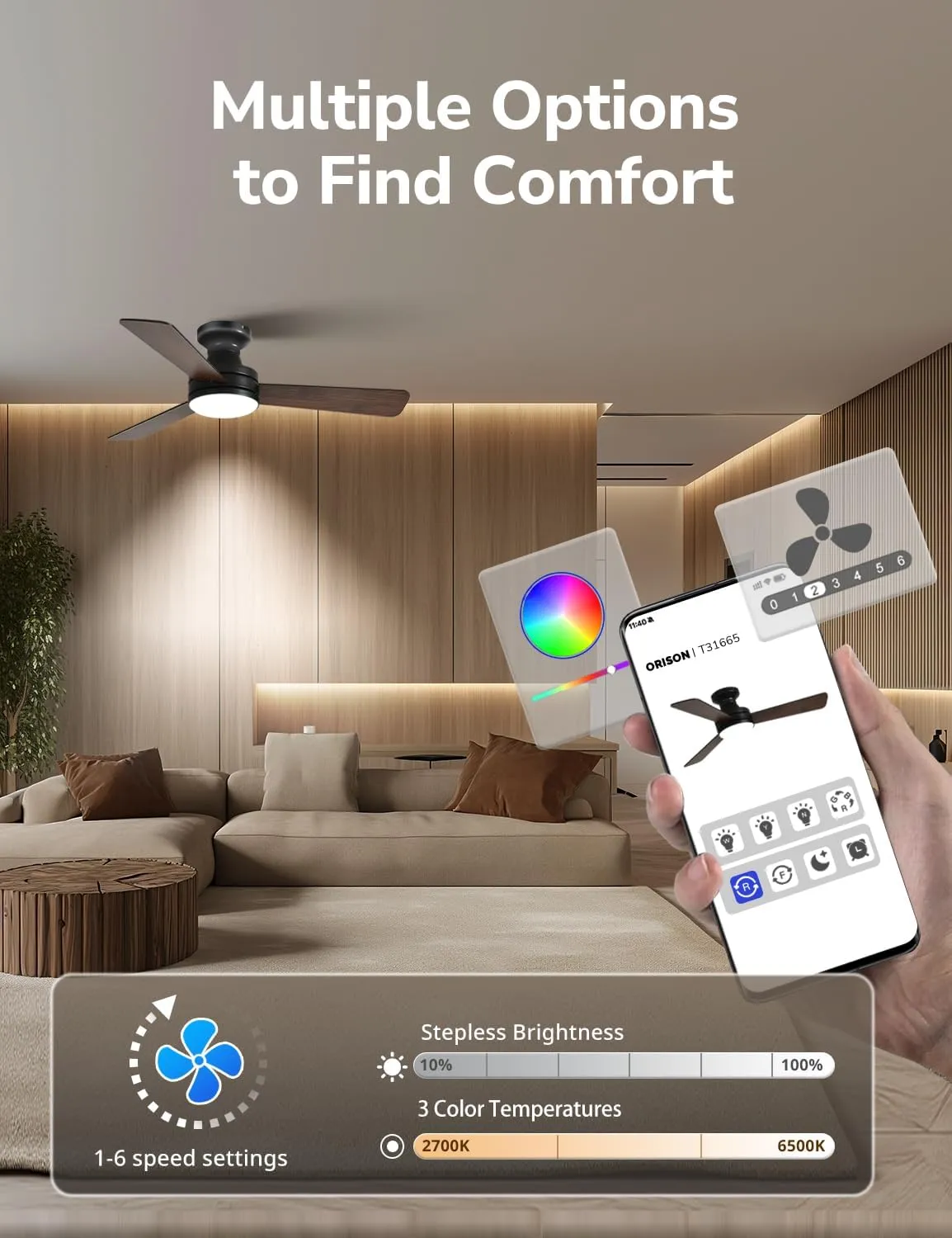 Orison Ceiling Fans with Lights 42 Inch, Low Profile Flush Mount Ceiling Fan, RGB Backlight & Dimmable Lighting, Remote & App Control, 6 Speeds, 3 Reversible Blades, Black/Wood