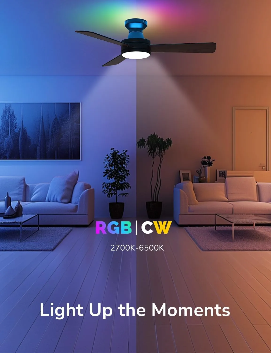 Orison Ceiling Fans with Lights 42 Inch, Low Profile Flush Mount Ceiling Fan, RGB Backlight & Dimmable Lighting, Remote & App Control, 6 Speeds, 3 Reversible Blades, Black/Wood