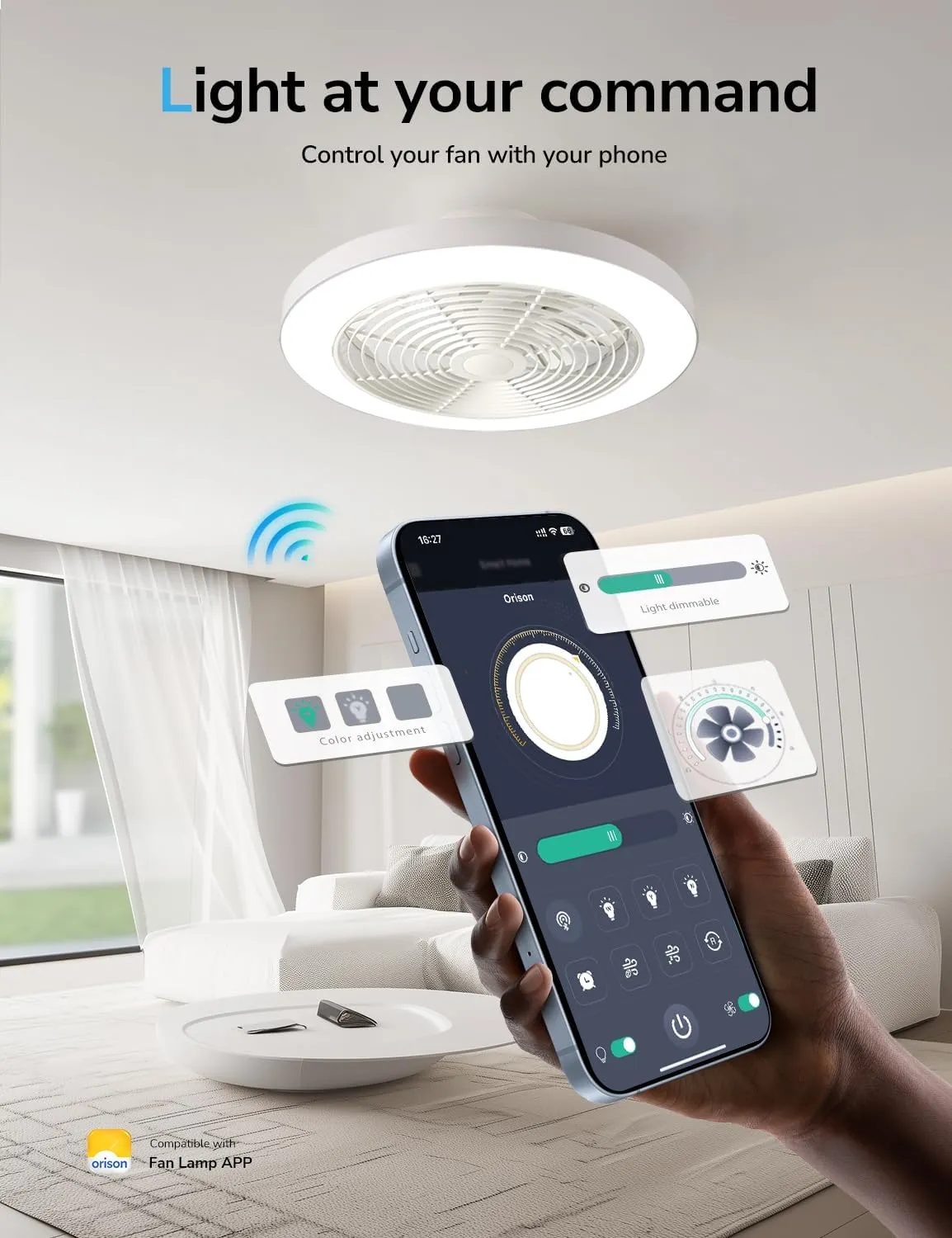 Orison Ceiling Fans with Lights, Low Profile Ceiling Fan with Lights and Remote, 6 Wind Speeds Smart Flush Mount Ceiling Fan for Bedroom, Kids Room and Living Room 19.7" (White)