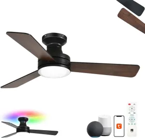 Orison Smart Ceiling Fans with Lights  42" Low Profile Flush Mount, RGB Backlight & Dimmable LED, Alexa & Google Compatible, 6-Speed Reversible, App & Remote Control, Quiet & Energy Saving, Black App-controlled remote fan for convenien