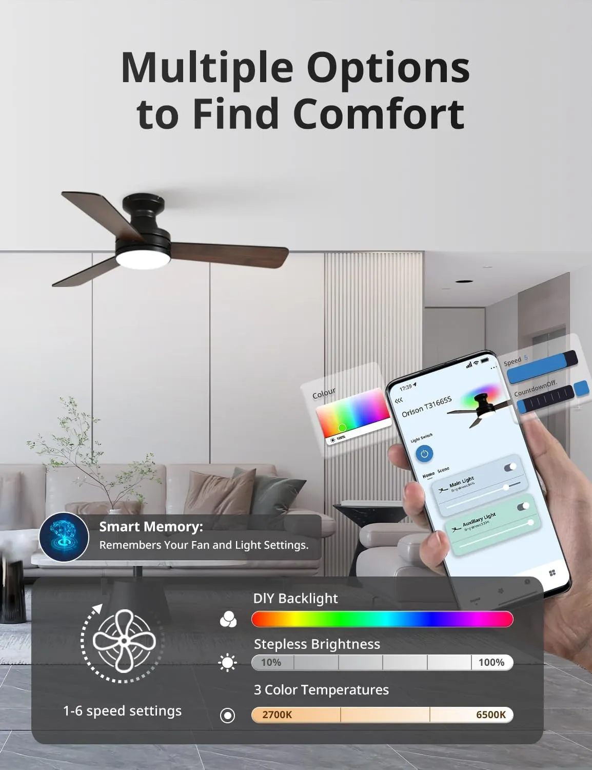 Orison Smart Ceiling Fans with Lights  42" Low Profile Flush Mount, RGB Backlight & Dimmable LED, Alexa & Google Compatible, 6-Speed Reversible, App & Remote Control, Quiet & Energy Saving, Black
