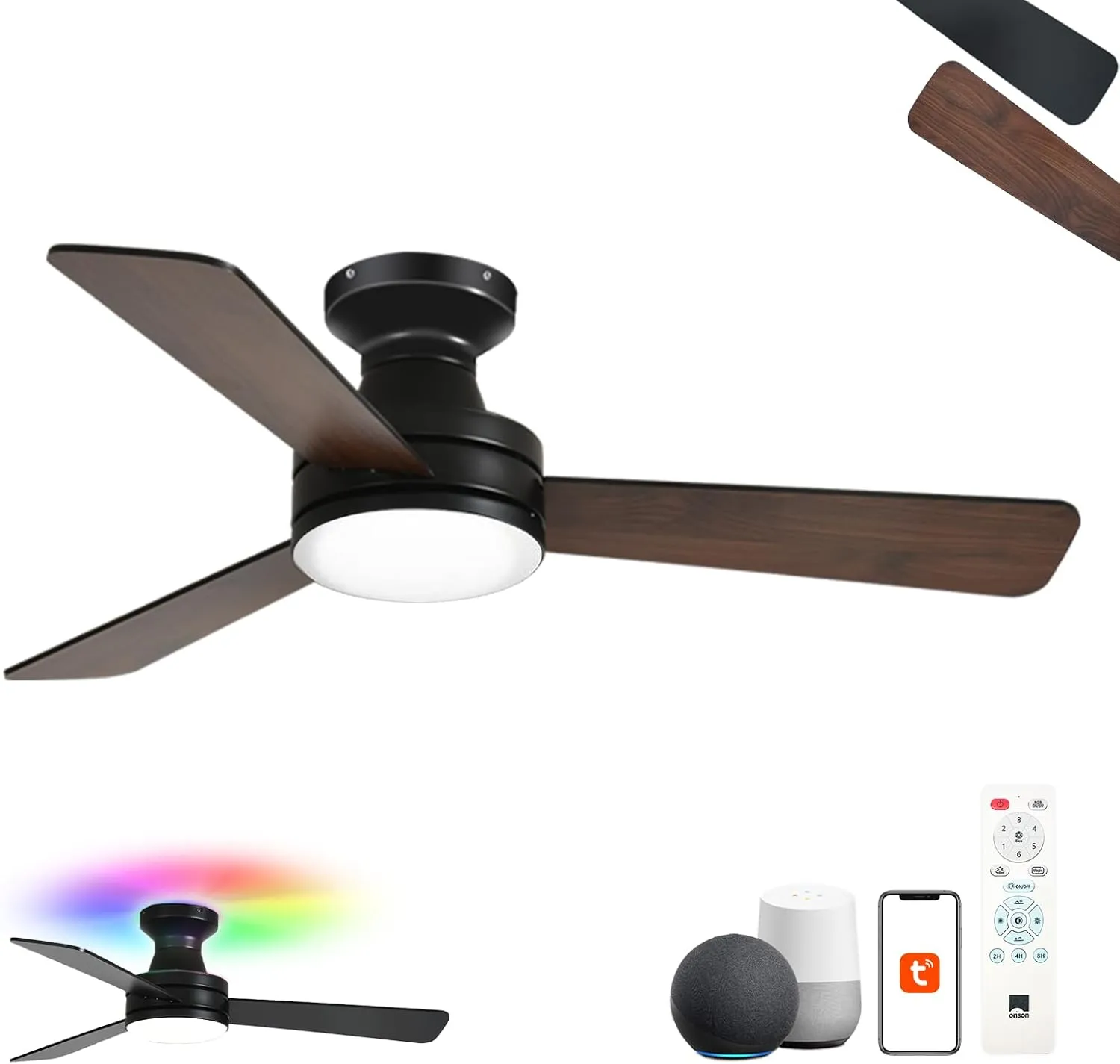 Orison Smart Ceiling Fans with Lights  42" Low Profile Flush Mount, RGB Backlight & Dimmable LED, Alexa & Google Compatible, 6-Speed Reversible, App & Remote Control, Quiet & Energy Saving, Black App-controlled remote fan for convenien