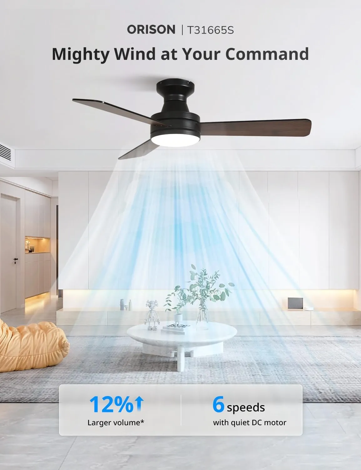 Orison Smart Ceiling Fans with Lights  42" Low Profile Flush Mount, RGB Backlight & Dimmable LED, Alexa & Google Compatible, 6-Speed Reversible, App & Remote Control, Quiet & Energy Saving, Black