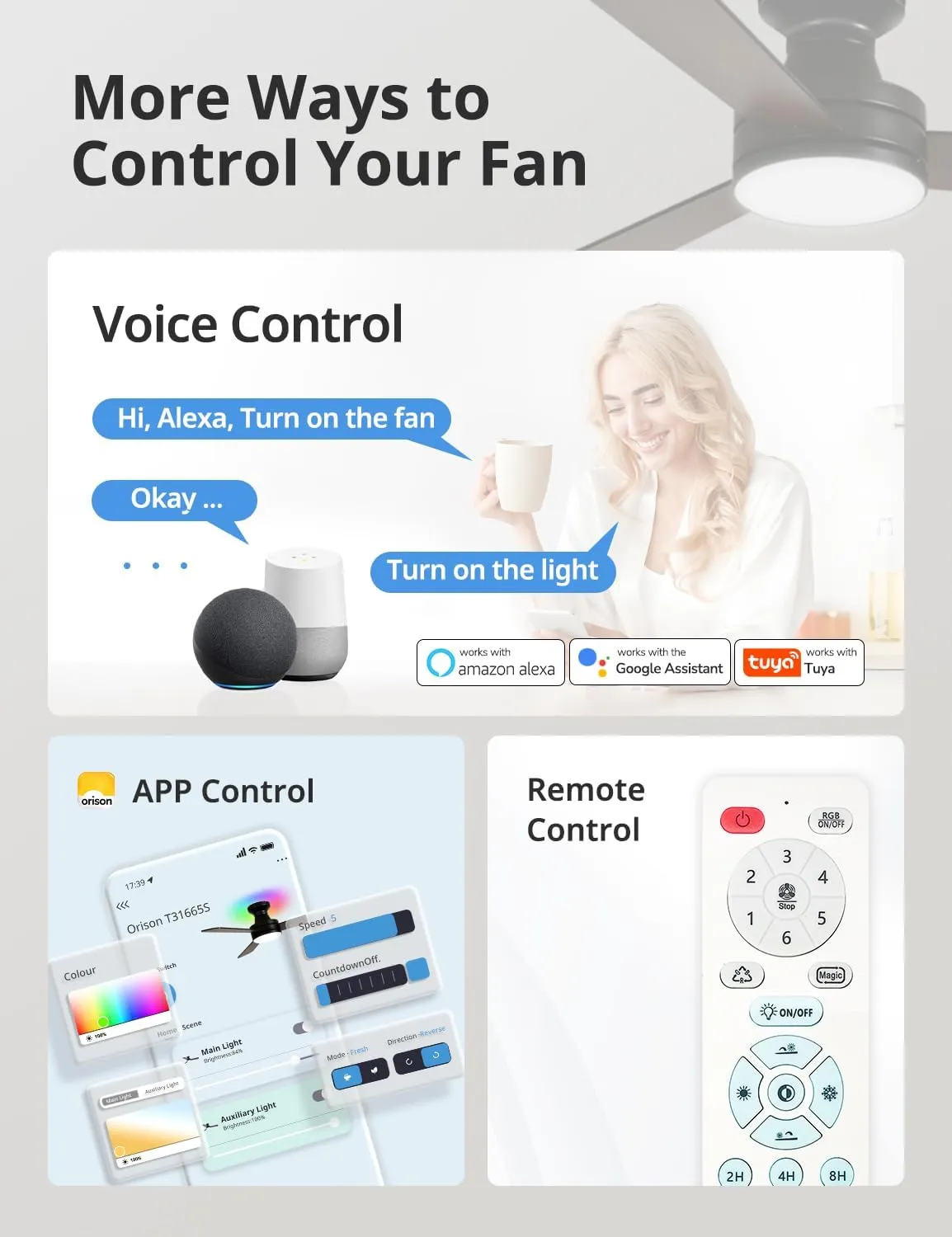 Orison Smart Ceiling Fans with Lights  42" Low Profile Flush Mount, RGB Backlight & Dimmable LED, Alexa & Google Compatible, 6-Speed Reversible, App & Remote Control, Quiet & Energy Saving, Black