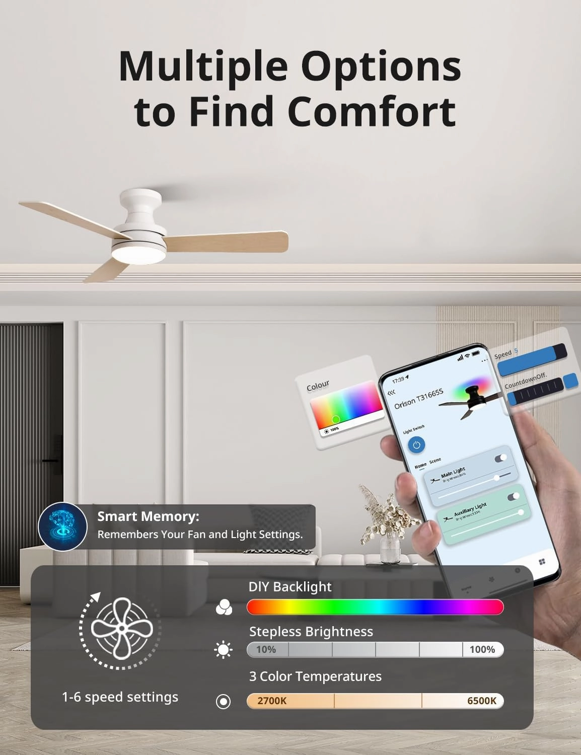 Orison Ceiling Fans with Lights  42" Low Profile Flush Mount, Smart RGB Backlight & Dimmable LED, Alexa & Google Compatible, 6-Speed Reversible, App & Remote Control, Quiet & Energy Saving, White