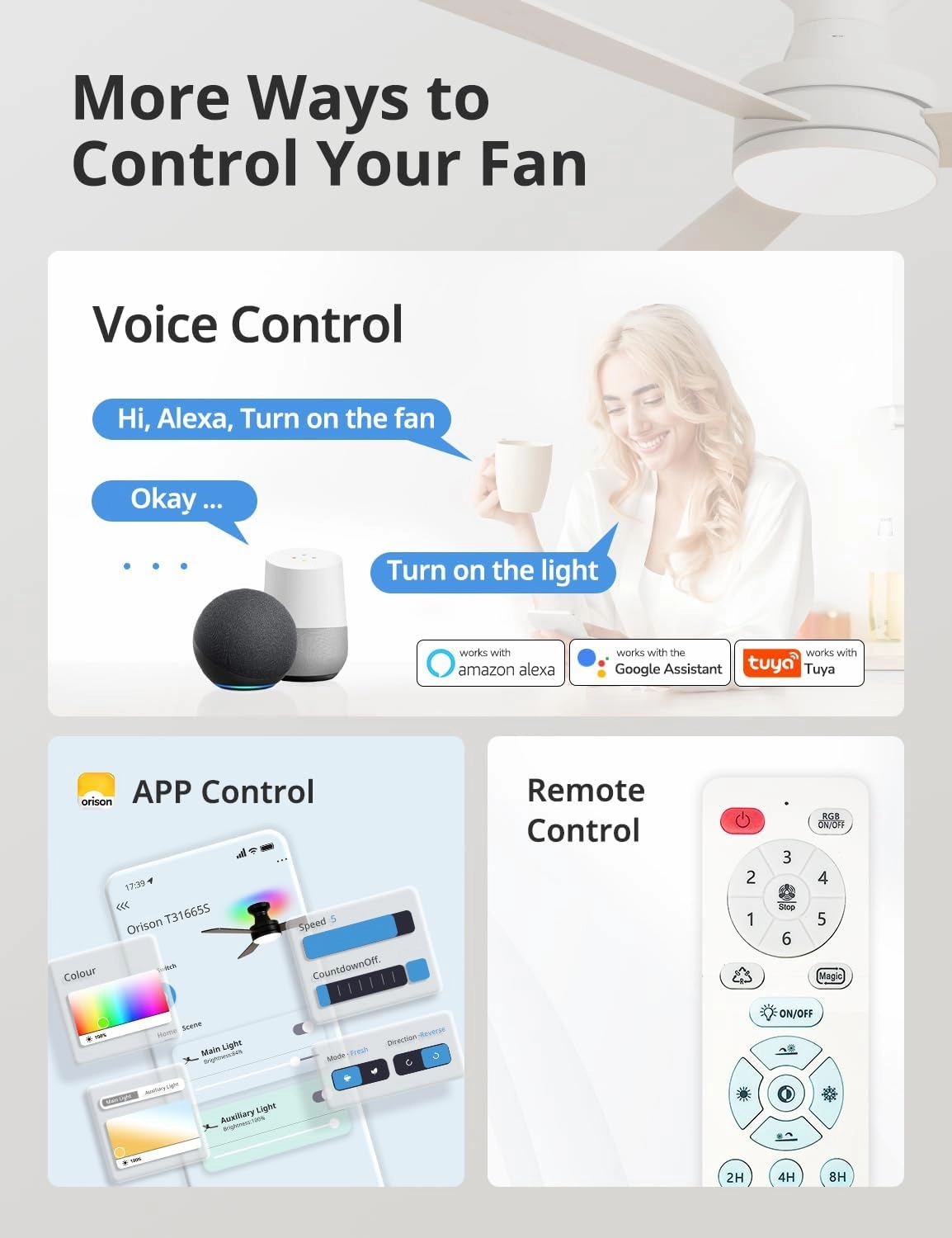 Orison Ceiling Fans with Lights  42" Low Profile Flush Mount, Smart RGB Backlight & Dimmable LED, Alexa & Google Compatible, 6-Speed Reversible, App & Remote Control, Quiet & Energy Saving, White