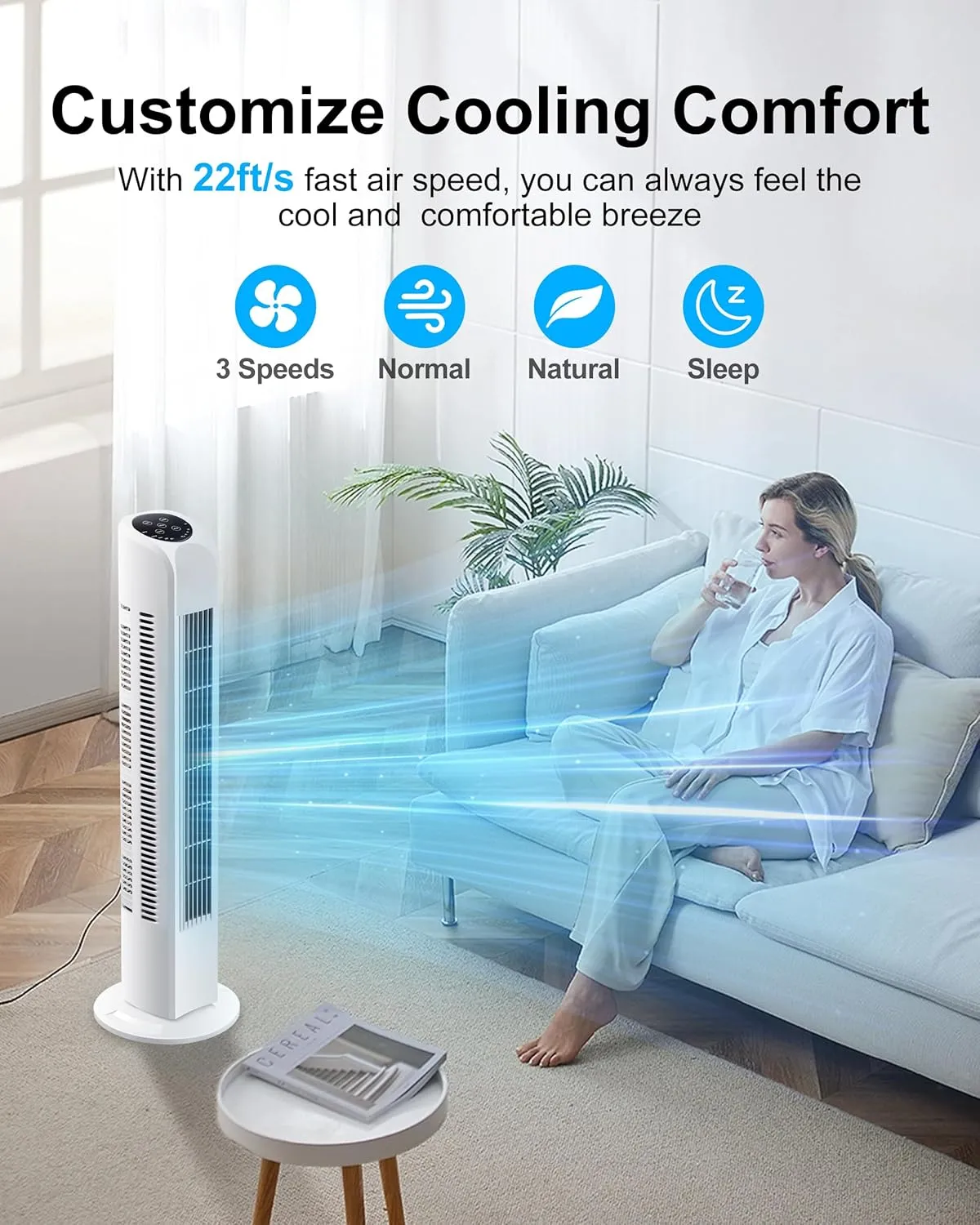 Oscillating Bladeless Tower Fan with Remote, Quiet Cooling Portable, Electric Standing Floor Fan with 3 Wind Speeds 3 Modes for Bedroom,Indoor,Office and Home Use, 30", White