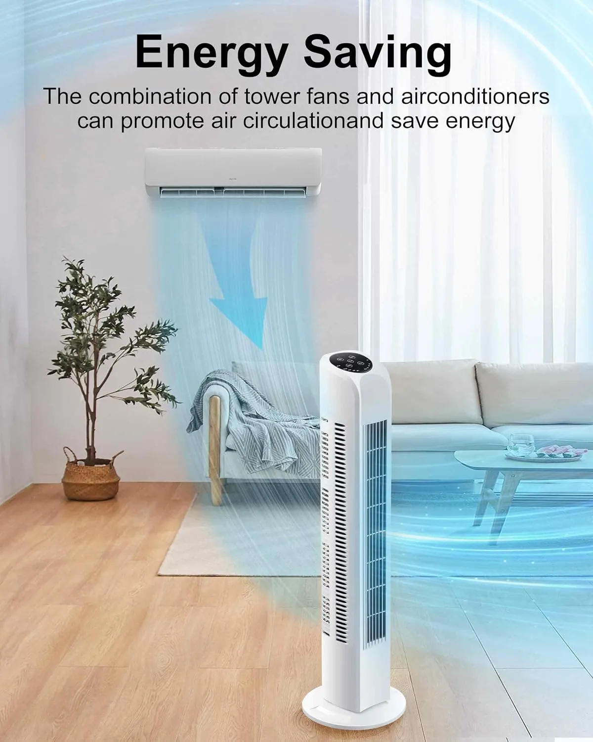 Oscillating Bladeless Tower Fan with Remote, Quiet Cooling Portable, Electric Standing Floor Fan with 3 Wind Speeds 3 Modes for Bedroom,Indoor,Office and Home Use, 30", White