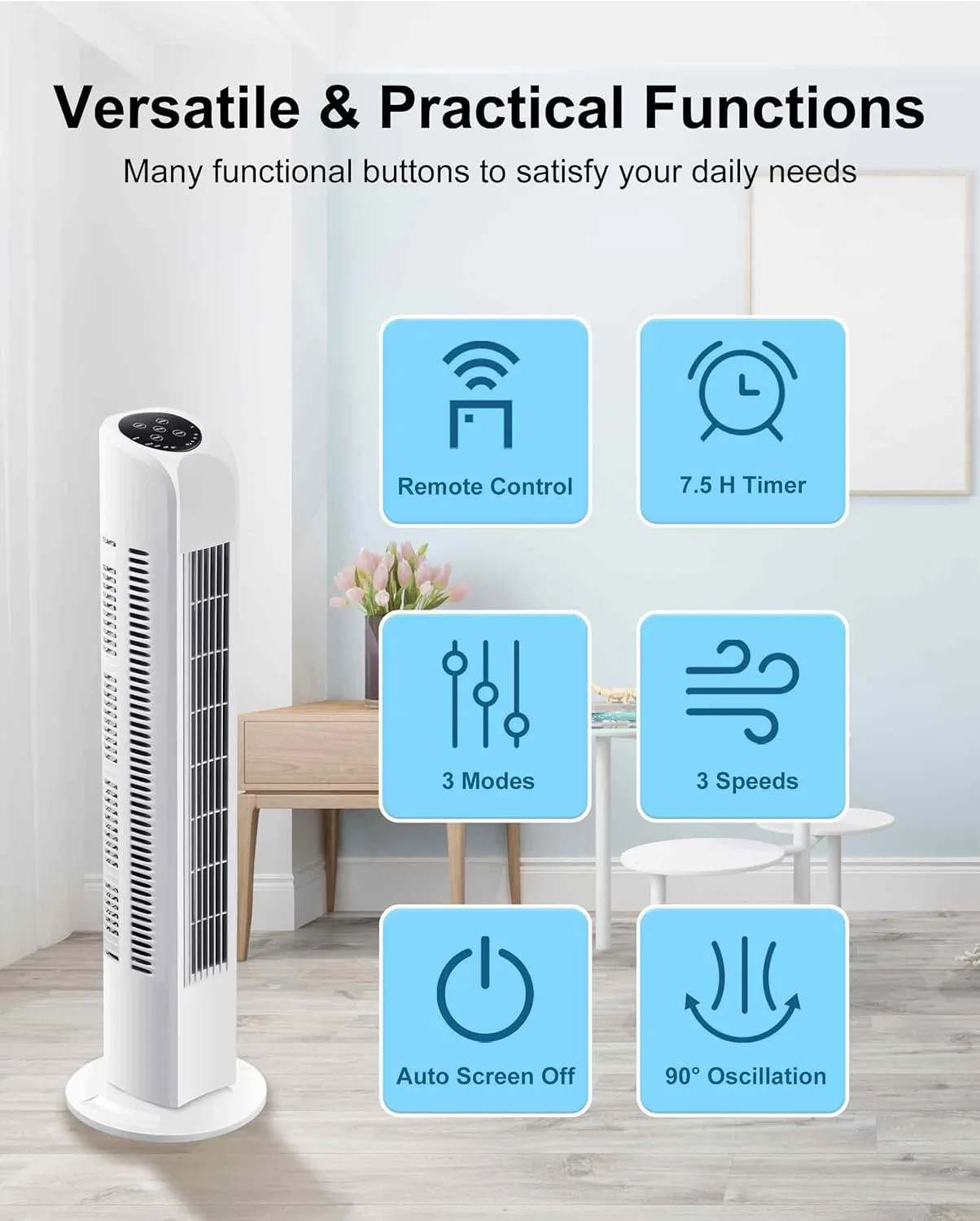 Oscillating Bladeless Tower Fan with Remote, Quiet Cooling Portable, Electric Standing Floor Fan with 3 Wind Speeds 3 Modes for Bedroom,Indoor,Office and Home Use, 30", White