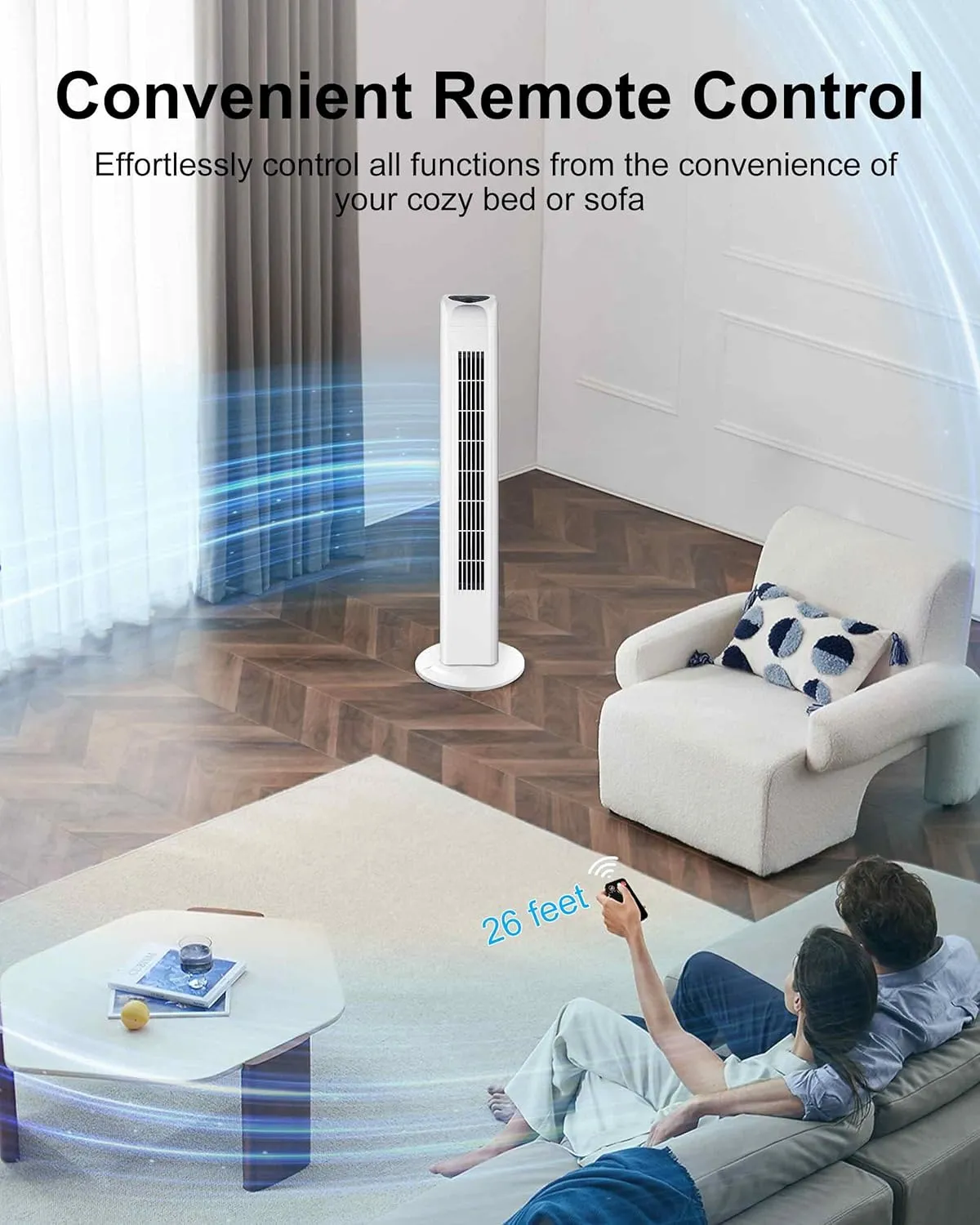 Oscillating Bladeless Tower Fan with Remote, Quiet Cooling Portable, Electric Standing Floor Fan with 3 Wind Speeds 3 Modes for Bedroom,Indoor,Office and Home Use, 30", White