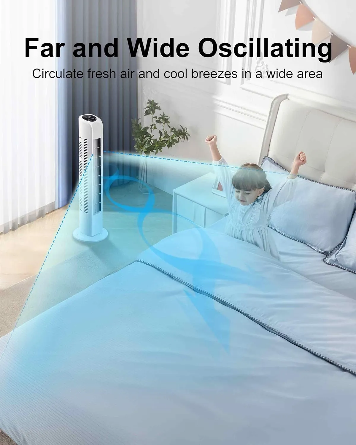 Oscillating Bladeless Tower Fan with Remote, Quiet Cooling Portable, Electric Standing Floor Fan with 3 Wind Speeds 3 Modes for Bedroom,Indoor,Office and Home Use, 30", White