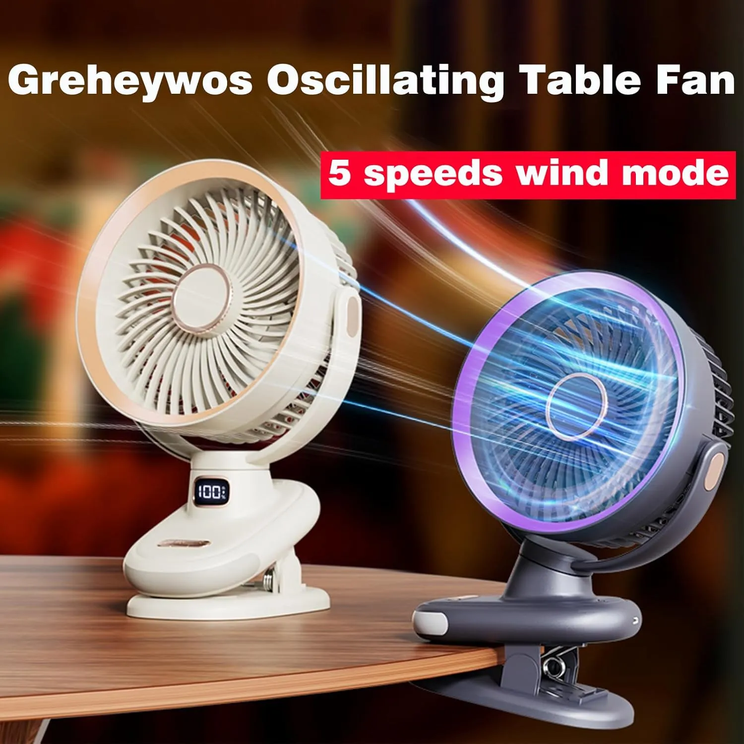Oscillating Table Fan, Small USB Air Circulator Fan with Battery Operated, 6.5'' Super Quiet Desk Fan with 5 Speeds, 8H Timer, Suitable for Home Office Camp Travel (Gray purple)