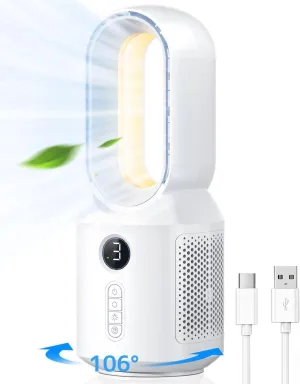 Oscillating Tower Fan, Bladeless Fan for Bedroom, Rechargeable Desk Fan with 3 Speeds, 3 Modes Brightness LED Light, Quiet Bladeless Standing Fan for Home Office, White Tower bladeless fan for modern homes