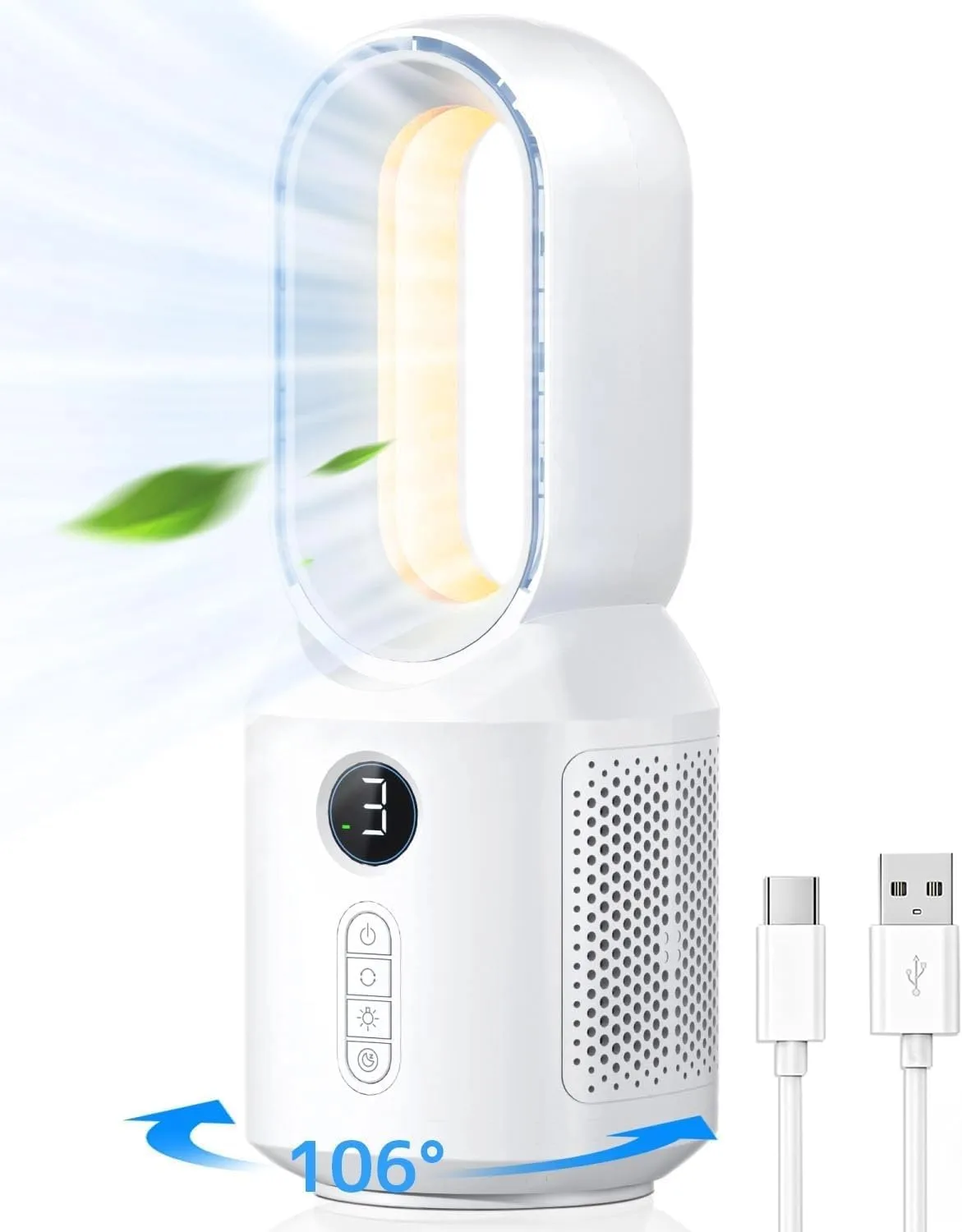 Oscillating Tower Fan, Bladeless Fan for Bedroom, Rechargeable Desk Fan with 3 Speeds, 3 Modes Brightness LED Light, Quiet Bladeless Standing Fan for Home Office, White Tower bladeless fan for modern homes