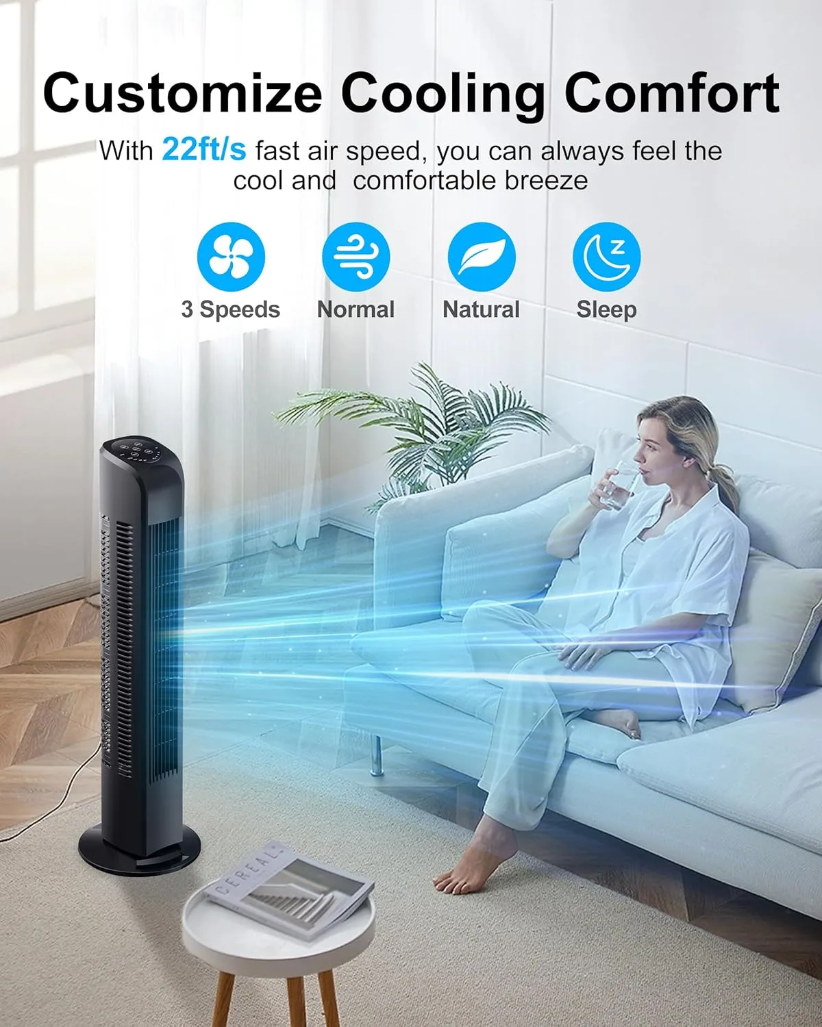 Oscillating Tower Fan with Remote, Electric Standing Tower Fan Floor Fan for Bedroom Indoor Office and Home Use,Quiet Cooling Portable Bladeless Tower Fans, 30 inchs, Black Tower Fan