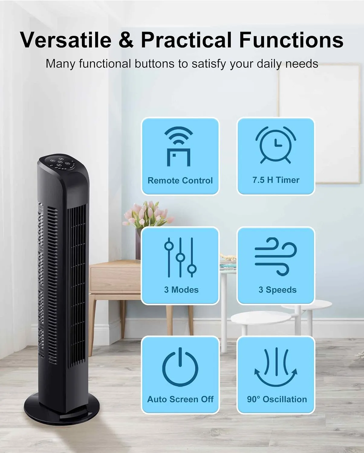 Oscillating Tower Fan with Remote, Electric Standing Tower Fan Floor Fan for Bedroom Indoor Office and Home Use,Quiet Cooling Portable Bladeless Tower Fans, 30 inchs, Black Tower Fan