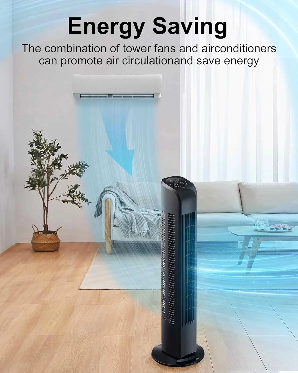 Oscillating Tower Fan with Remote, Electric Standing Tower Fan Floor Fan for Bedroom Indoor Office and Home Use,Quiet Cooling Portable Bladeless Tower Fans, 30 inchs, Black Tower Fan