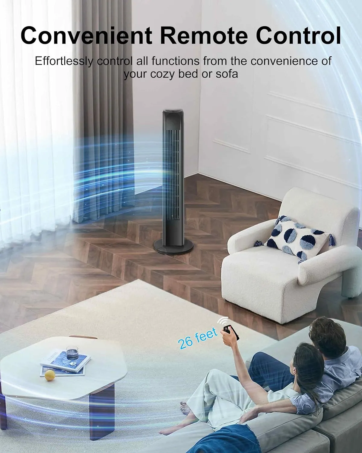 Oscillating Tower Fan with Remote, Electric Standing Tower Fan Floor Fan for Bedroom Indoor Office and Home Use,Quiet Cooling Portable Bladeless Tower Fans, 30 inchs, Black Tower Fan