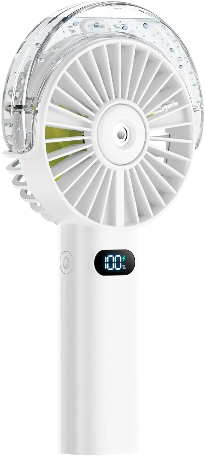 Otlonpe Handheld Misting Fan Portable, 4000mAh Rechargeable Battery Powered, Small Personal Mister Fan with Water Spray Cooling, 4 Speed Wind, LED Display, Hand Held Mist Fans for Travel Beach (White) Mini handheld fan for personal cooling