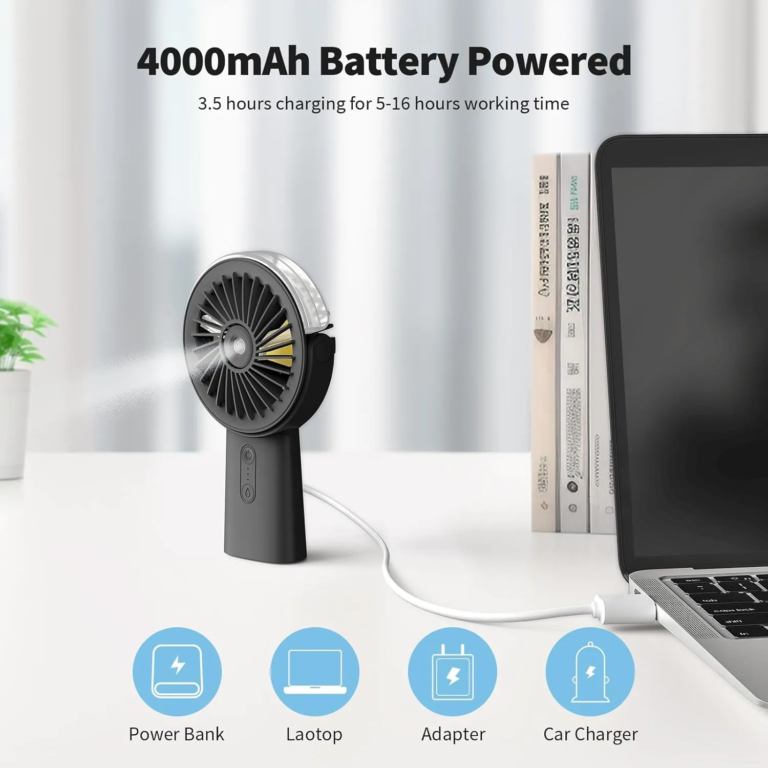 Otlonpe Handheld Misting Fan Portable, 4000mAh Rechargeable Small Personal Water Spray Hand Held Mist Fan Battery Operated, 90 Rotatable, Power Bank for Travel Home Office Men Women Kids (Black)