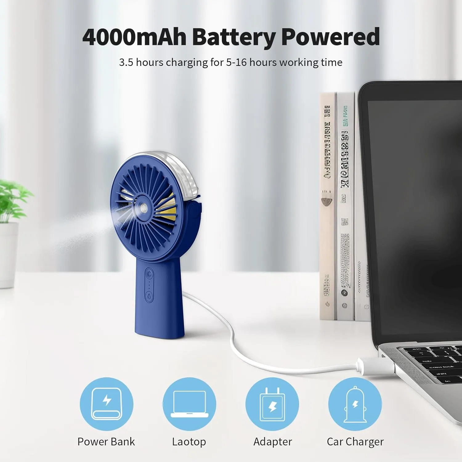 Otlonpe Handheld Misting Fan Portable, 4000mAh Rechargeable Small Personal Water Spray Hand Held Mist Fan Battery Operated, 90 Rotatable, Power Bank for Travel Home Office Men Women Kids (Blue)